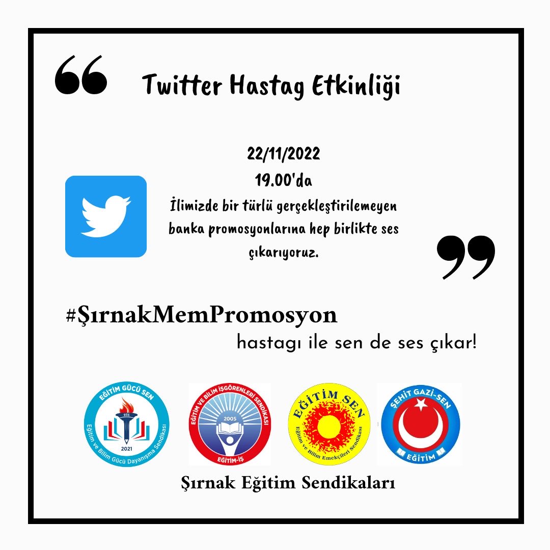 Çoğu il ve ilçede promosyon ihaleleri bitirilmişken Şırnak'ta bu kadar uzatılması bankaların utancıdır.
#ŞırnakMemPromosyon

<a href="/ziraatbankasi/">Ziraat Bankası</a>
<a href="/isbankasi/">İş Bankası</a>
<a href="/Halkbank/">Halkbank</a>
<a href="/sirnakmem73/">Şırnak İl Millî Eğitim Müdürlüğü</a>
<a href="/DenizBank/">DenizBank</a>
<a href="/VakifBank/">VakıfBank</a>
<a href="/SilopiMEM/">Silopi İlçe Milli Eğitim Müdürlüğü</a>
<a href="/CizreMem/">Cizre İlçe Millî Eğitim Müdürlüğü</a>
<a href="/idil_ilcemem/">İdil İlçe Milli Eğitim Müdürlüğü</a>
<a href="/garantibank/">gurkan cesme</a>