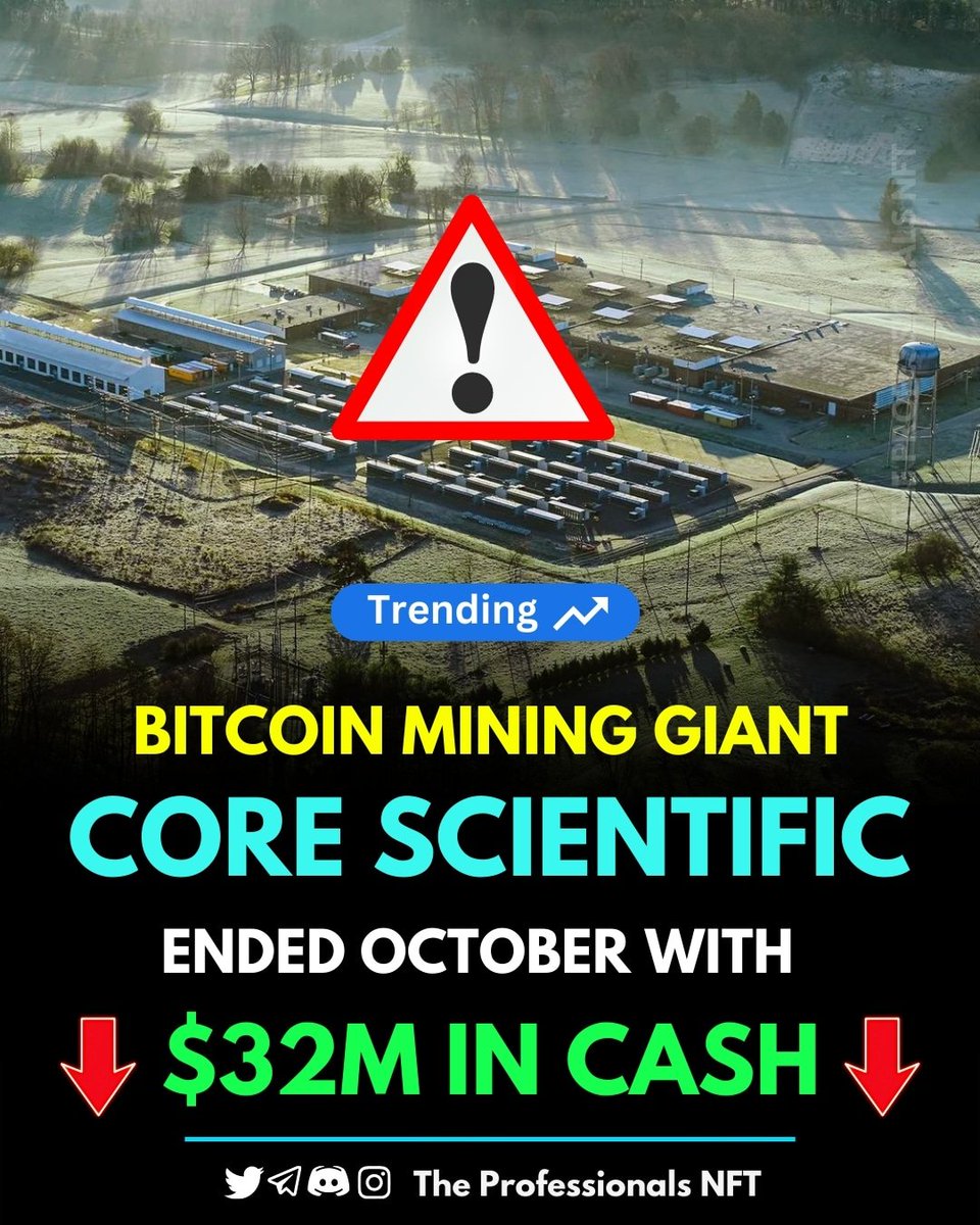 TheProfNFT's tweet photo. Core Scientific (CORZ), the world's largest publicly listed miner by computing power, ended October with $32.2 million in cash and 62 #BTC  ($975,000) and reiterated that it may run out of money before the end of the year.

@TheProfNFT 
#BitcoinCash #CryptoNews https://t.co/3pmzd0qzdF