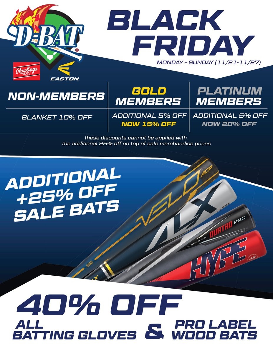 DBATSPORTS's tweet image. Rawlings Black Friday deals are going on now! Be sure to get to your local D-BAT to tap into these savings.

Find your D-BAT x Rawlings Proshop here:
rawlings.com/stores?showMap…