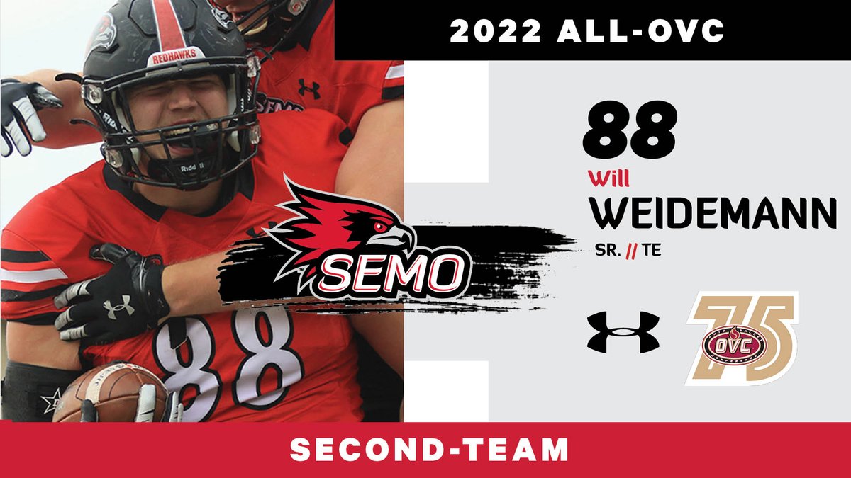 2022 SECOND-TEAM ALL-OVC tight end Will Weidemann earns All-OVC honors for the first time. Weidemann has 12 catches for 150 yards as the only Redhawks on this year's second-team offense.