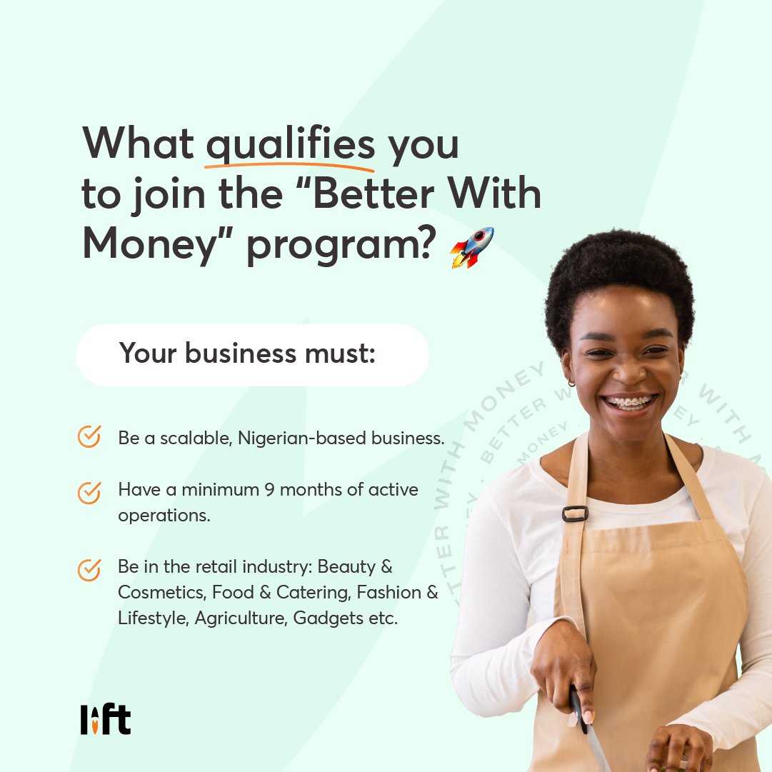The Better With Money program is open to early-stage Nigerian-based businesses in the retail industry. 

We are still taking applications. 
Click the link in our bio and apply to be better with businesses and better with money. 

Cheers!