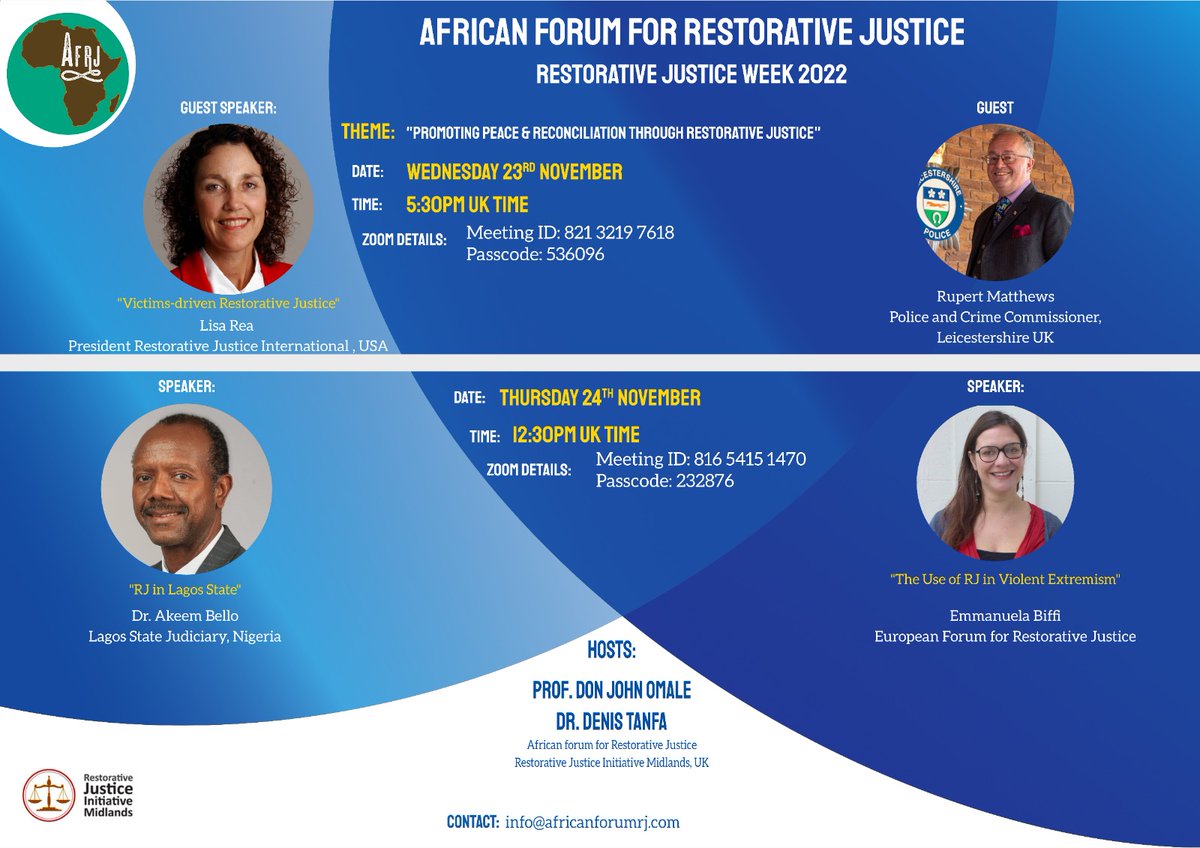 AfricanForumRJ (@rjforum) on Twitter photo Please join us as we launch Restorative Justice Week 2022 tomorrow with our Chief Guest <a href="/Rupert_Matthews/">Rupert Matthews 🏴</a> <a href="/LeicsPCC/">Leicestershire OPCC</a> <a href="/leicspolice/">Leicestershire Police</a> <a href="/RJCouncil/">Restorative Justice Council</a> <a href="/denisyomi/">Dr Denis Tanfa</a> <a href="/OmaleDon/">Don John Omale PhD,FHEA</a> <a href="/rjimidlands/">RJI Midlands</a> <a href="/HemanttBhatia/">Hemant Rae Bhatia</a> <a href="/LeicsCountyHall/">Leicestershire CC</a> <a href="/LeonADundas/">Leon Dundas</a> <a href="/Leicester_News/">Leicester City Council</a> @DCCLeicsPolice Please join us as we launch Restorative Justice Week 2022 tomorrow with our Chief Guest <a href="/Rupert_Matthews/">Rupert Matthews 🏴</a> <a href="/LeicsPCC/">Leicestershire OPCC</a> <a href="/leicspolice/">Leicestershire Police</a> <a href="/RJCouncil/">Restorative Justice Council</a> <a href="/denisyomi/">Dr Denis Tanfa</a> <a href="/OmaleDon/">Don John Omale PhD,FHEA</a> <a href="/rjimidlands/">RJI Midlands</a> <a href="/HemanttBhatia/">Hemant Rae Bhatia</a> <a href="/LeicsCountyHall/">Leicestershire CC</a> <a href="/LeonADundas/">Leon Dundas</a> <a href="/Leicester_News/">Leicester City Council</a> @DCCLeicsPolice