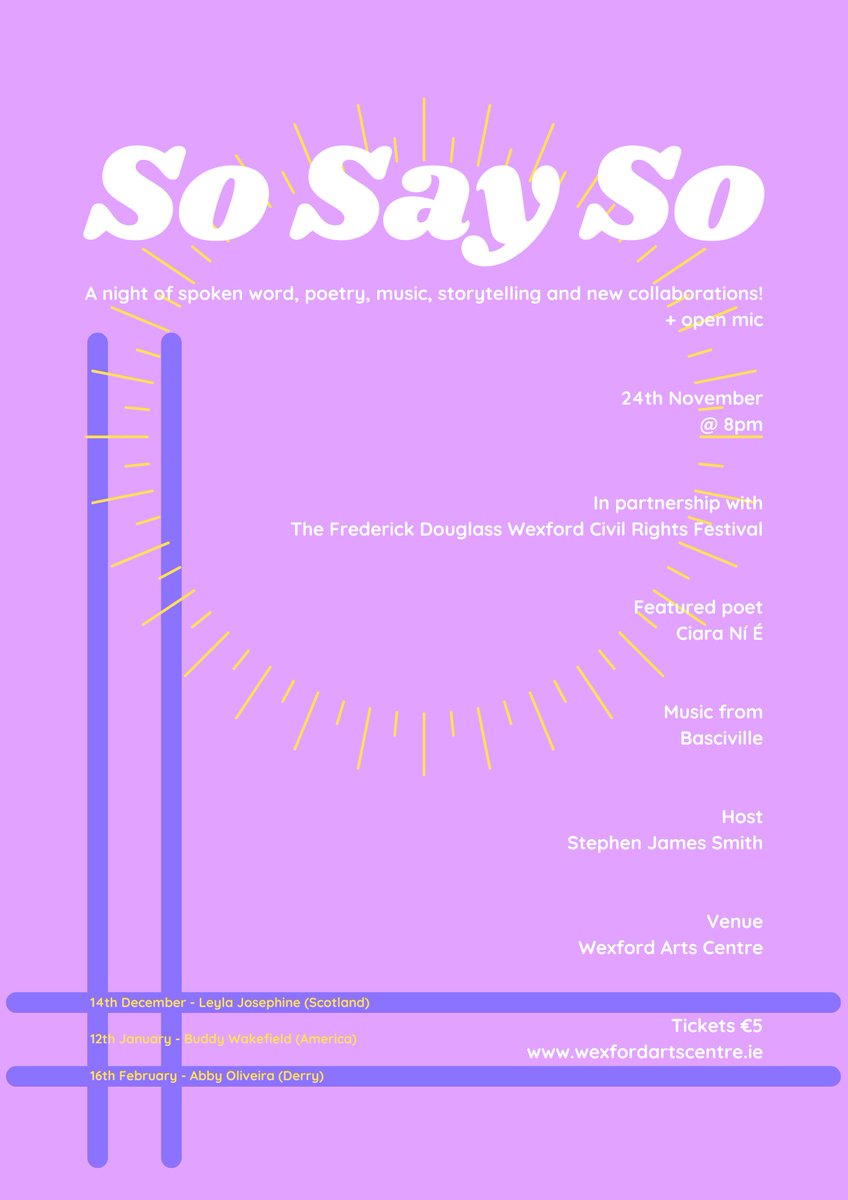 Stephen James Smith (@sjswords) on Twitter photo #WEXFORD... Not to be missed!
This Thursday (24th) at 8pm
'So Say So' <a href="/wexfordarts/">@Wexford Arts Centre</a>
Featuring
<a href="/MiseCiara/">Ciara Ní É 🏳️🌈 'knee YAY'</a> & <a href="/Basciville/">Basciville</a>
Ticket:
wexfordartscentre.ticketsolve.com/ticketbooth/sh…
Facebook Event:
fb.me/e/2oGx3xv3M
#Poetry #Music #SpokenWord #WEXFORD... Not to be missed!
This Thursday (24th) at 8pm
'So Say So' <a href="/wexfordarts/">@Wexford Arts Centre</a>
Featuring
<a href="/MiseCiara/">Ciara Ní É 🏳️🌈 'knee YAY'</a> & <a href="/Basciville/">Basciville</a>
Ticket:
wexfordartscentre.ticketsolve.com/ticketbooth/sh…
Facebook Event:
fb.me/e/2oGx3xv3M
#Poetry #Music #SpokenWord