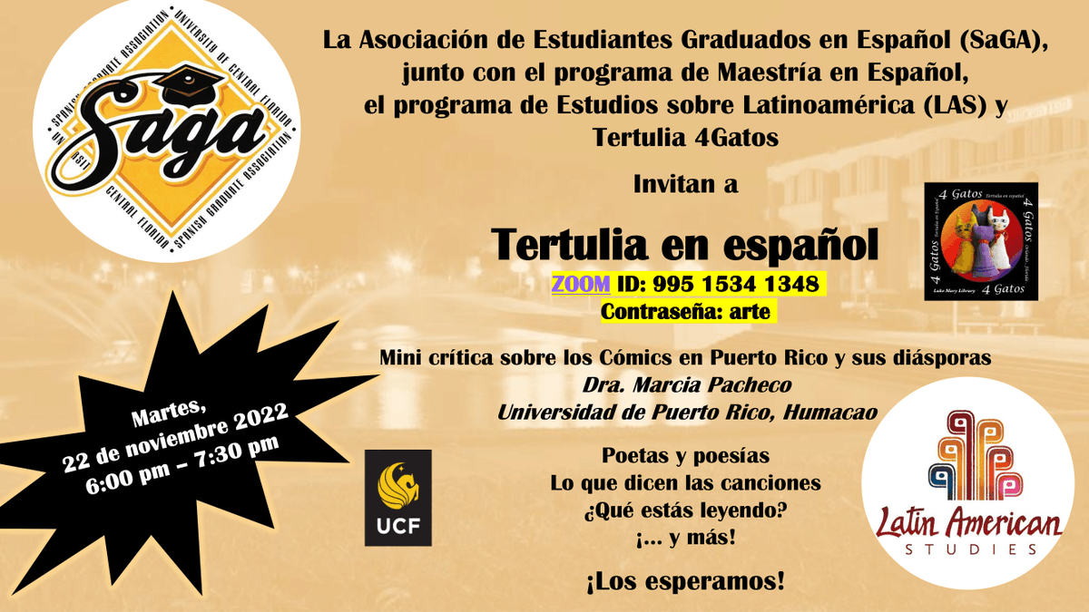 UCFSaGA's tweet photo. ¡Únense, HOY, 22 de noviembre por Zoom, a nuestra tertulia en español!

Compartiendo una mini crítica de los cómics en Puerto Rico y sus diásporas es la Dra. Marcia Pacheco García de la Universidad de Puerto Rico, Humacao. (Código de Zoom y contraseña en el panfleto.) #sagaucf https://t.co/alPuPIWoId