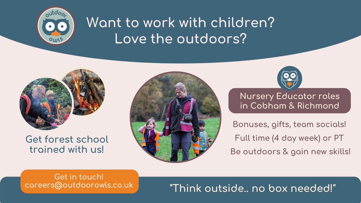 Outdoor_Owls's tweet photo. Join our owlsome nursery team!

Want to work outdoors and make BIG impact in helping 1-5 yo’s get ready for school and for LIFE?! Come and help develop creativity, resilience and empathy.

Are you an experienced educator or want to start working with children?

Get in touch! https://t.co/jZ4vZztYIJ