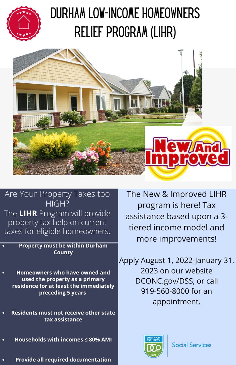 We know you're thinking about the holidays. But don't miss the opportunity to apply for the Low-Income Homeowners Relief Program -LIHR. Get relief on your property taxes. Apply today! DCONC.gov/DSS  The application is on our website! Call (919) 560-8000. #taxrelief