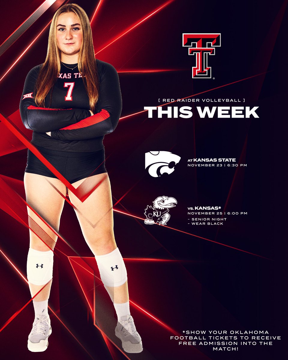 𝗧𝗵𝗶𝘀 𝘄𝗲𝗲𝗸 𝗶𝗻 𝗥𝗲𝗱 𝗥𝗮𝗶𝗱𝗲𝗿 𝗩𝗼𝗹𝗹𝗲𝘆𝗯𝗮𝗹𝗹.

Help us recognize our seniors this Friday for our last home match of the season!

Fans can also get free admission into the match when showing their Oklahoma football ticket 👏

#WreckEm
