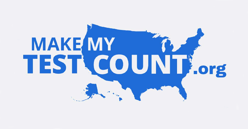 Light blue graphic depicting US map and bold overlaid lettering that reads MakeMyTestCount.org