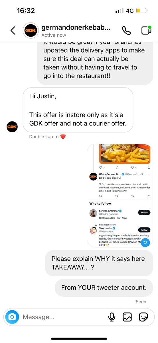 brandjus's tweet photo. @GermanDoner_UK Are you sure this is TAKEAWAY only? If you you might want to tell your other social media team (Instagram) because they think otherwise… https://t.co/thlhcbocbR