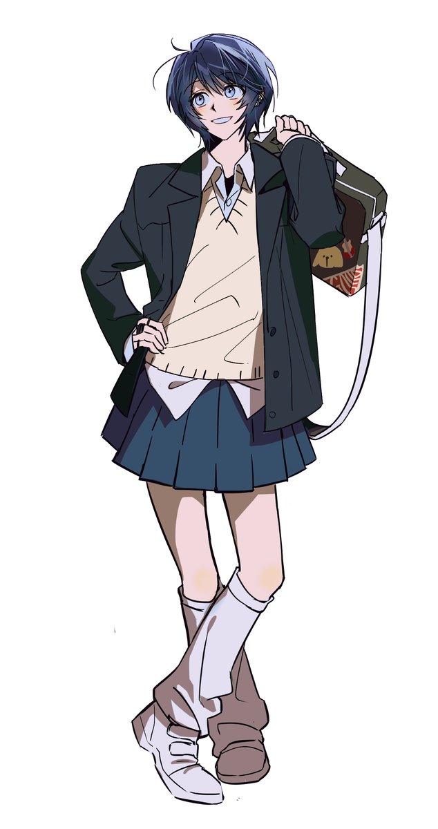 1girl solo skirt black hair school uniform socks long hair  illustration images