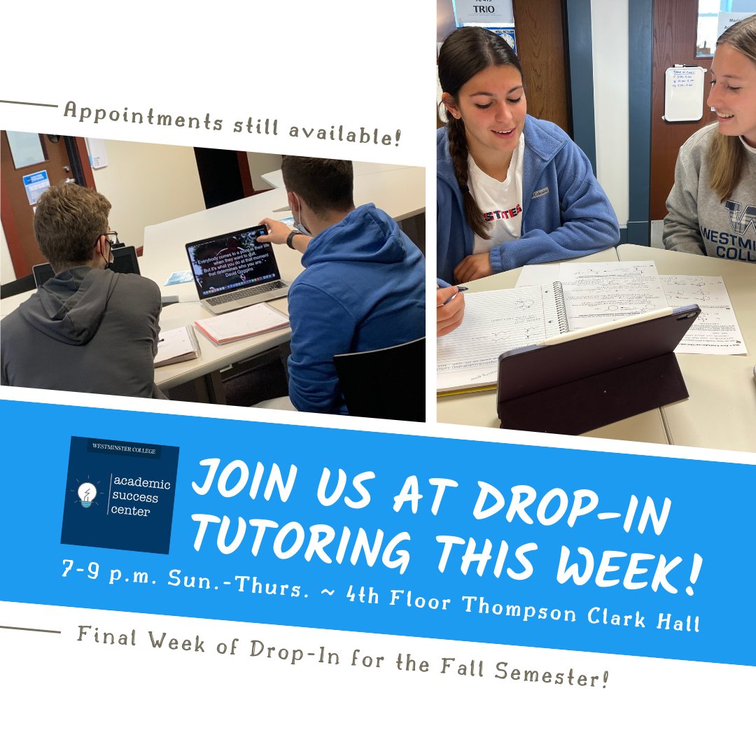 WestminsterASC's tweet photo. Keep the stress at bay this week with the help of our Peer Tutors! Visit us at drop-in hours during lunch and from 7-9 p.m. or check out our available appointment hours here: https://t.co/Ujq7nU2KvP)
#WCASC #Tutorsrock #academicsuccess https://t.co/GNfGssfMNG