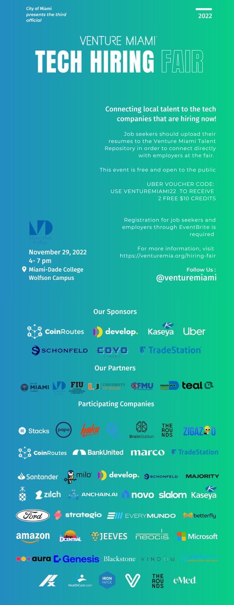 eidmiami's tweet photo. @VentureMiami's Hiring Fair takes place on 11/29 in the heart of "Tech Basel." Employer registration is now closed, but job seeker registration is still OPEN!  

➡️ https://t.co/pLnME1vbC8

@FrancisSuarez #MadeInMiami https://t.co/Y38iRttAhz