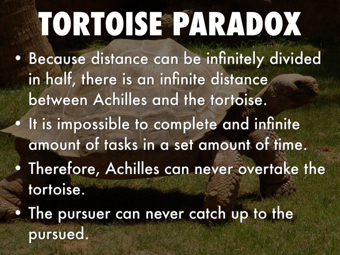 The absurd answer (that Achilles could never overtake the tortoise) resulted from this: that motion was arbitrarily divided into discontinuous elements, whereas the motion both of Achilles and of the tortoise was continuous.

By adopting smaller and smaller elements of motion we only approach a solution of the problem, but never reach it. Only when we have admitted the conception of the infinitely small, and the resulting geometrical progression with a common ratio of one tenth, and have found the sum of this progression to infinity, do we reach a solution of the problem.

A modern branch of mathematics having achieved the art of dealing with the infinitely small can now yield solutions in other more complex problems of motion which used to appear insoluble.

This modern branch of mathematics, unknown to the ancients, when dealing with problems of motion admits the conception of the infinitely small, and so conforms to the chief co
https://www.gutenberg.org/files/2600/2600-h/2600-h.htm