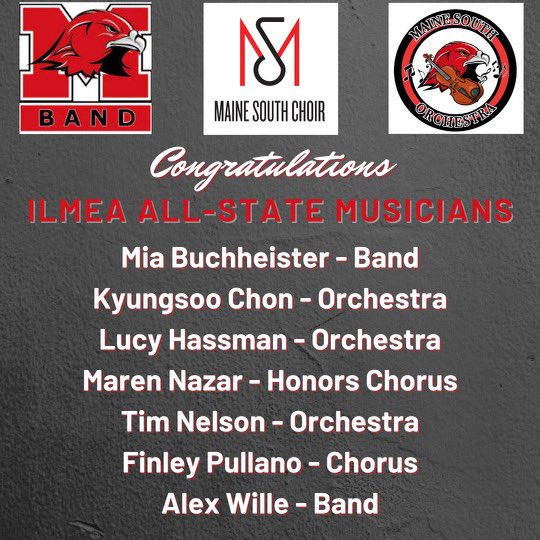 Maine South Fine Arts is honored to congratulate our All-State musicians! These students made it to the state level on their instrument/voice part and will perform in Peoria this January. We are so proud of you!! <a href="/mainesouthPA109/">MaineSouthOrchestras</a> @msouthband <a href="/Maine_South/">Maine South HS</a> <a href="/Maine_207/">Maine Township High School District 207</a> <a href="/MSHawkPride/">MS Hawk Pride</a>