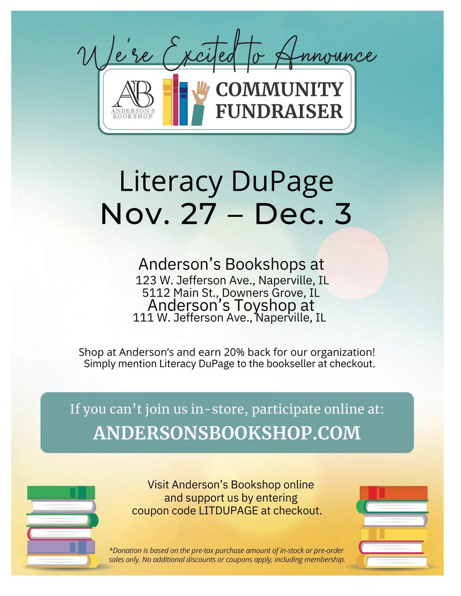 LiteracyDuPage's tweet photo. Save the week of Nov. 27 through Dec. 3 for the Literacy DuPage Holiday Book Fair!
We have partnered with Anderson's Bookshop for an upcoming festive book fair in-store and on-line. A generous 20% of your purchase will be donated to Literacy DuPage.

#BookFair #Community #books https://t.co/to9LhEqu85