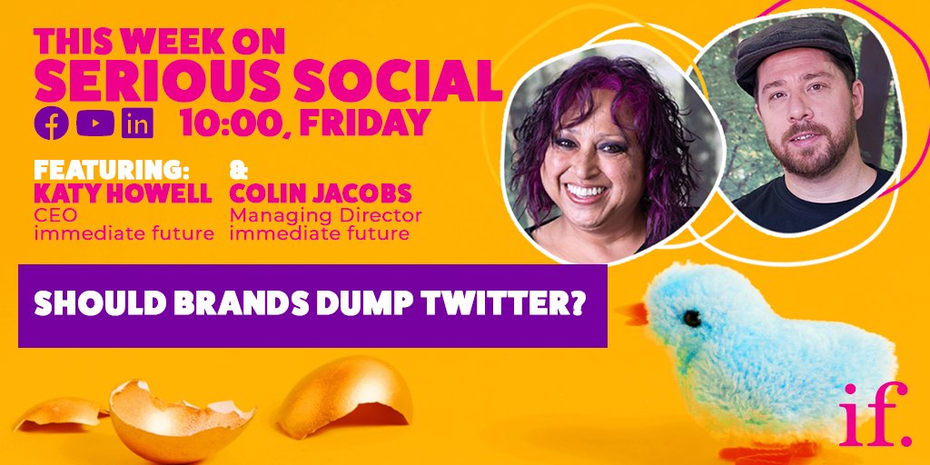 If you’re thinking of taking your brand off #Twitter, where should you go? 😱 Hear from @katyhowell and <a href="/ColinJacobs/">CJ</a> about the alternatives, pros and cons 👉Live on Friday 25th at 10 GMT: bit.ly/3GCDhpC

#RIPTwitter #twittershutdown