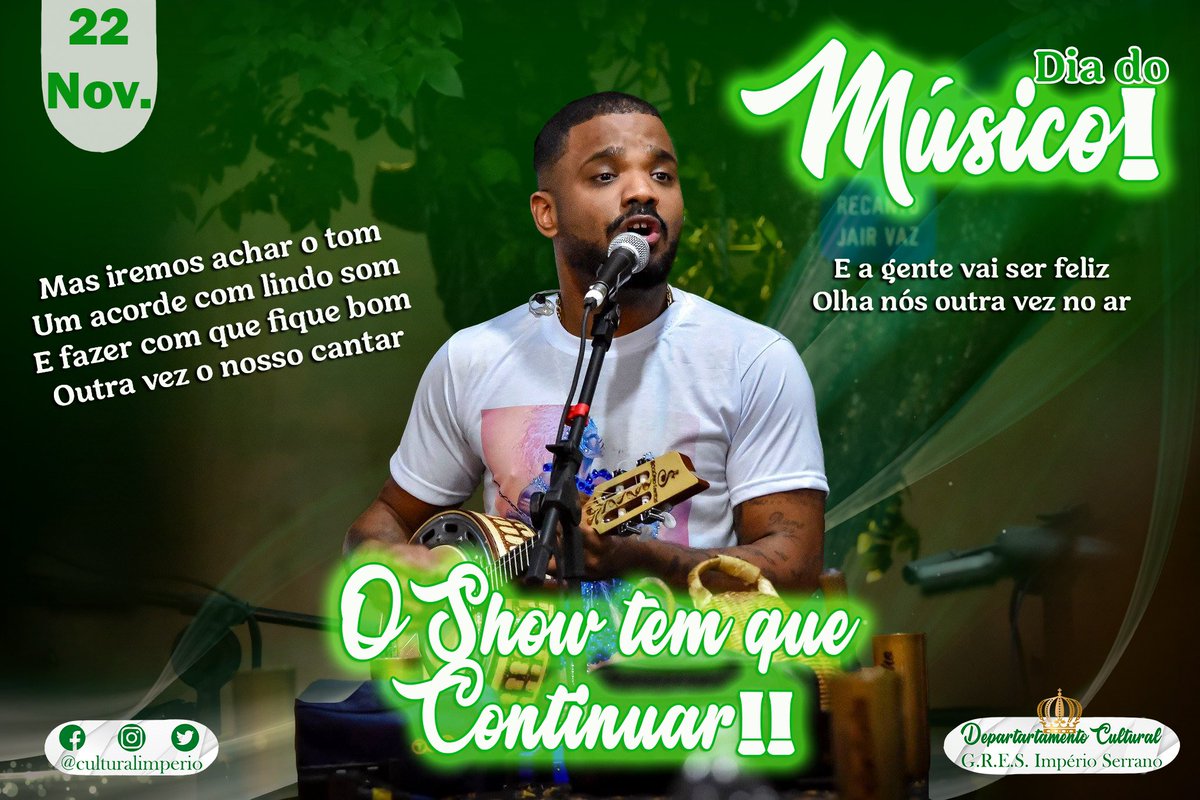 Salve os Músicos!  💚🎶🤍👑🪕

Parabéns a todos os músicos pela data de hoje, em Especial a toda Família Cruz!!

FOTO: ⬇
Raphael Vidal. 📸

#impérioserrano #verdeebranco #arrozcomcouve #glorioso #reizinhodemadureira #departamentocultural #lugaresdearlindo #arlindocruz #xangô