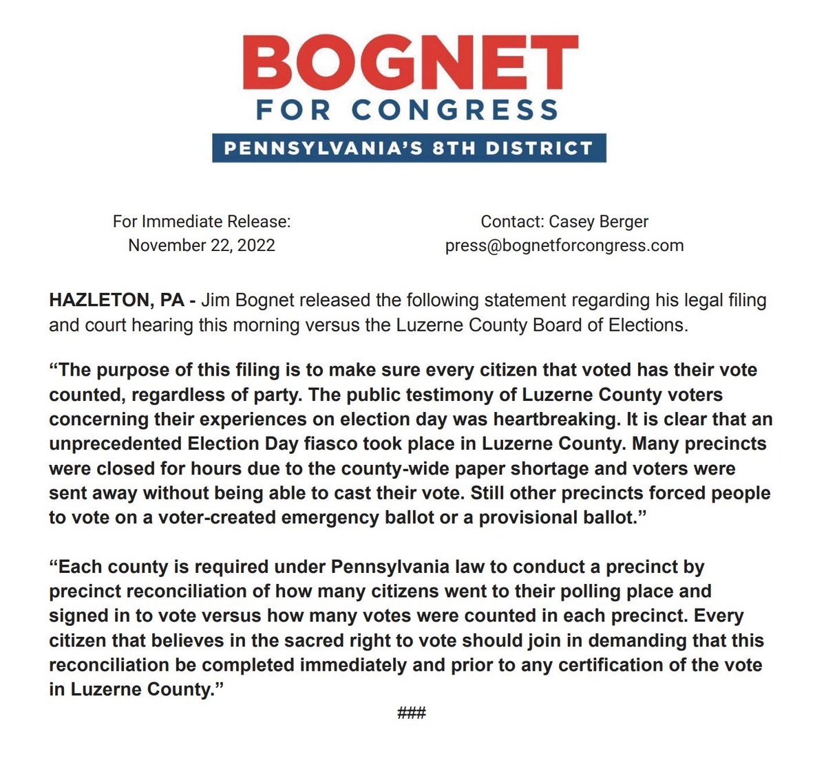 Jim Bognet released the following statement: