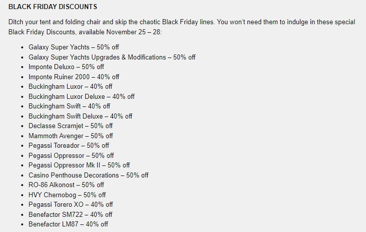 #GTAOnline Black Friday Sales (Nov 25 - 28)