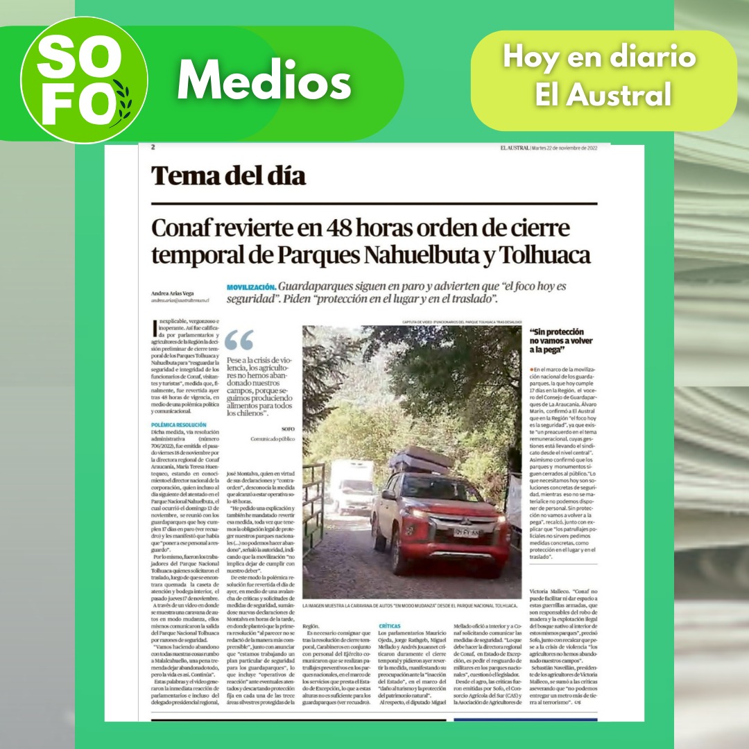 AraucaniaSofo's tweet photo. Hoy la declaración pública de SOFO por el rechazo al cierre temporal de los parques Nahuelbuta y Tolhuaca , fue destacada en Austral Temuco y @lasnoticiasdia de Malleco
#Conaf #Tolhuaca #Nahuelbuta #Malleco #Seguridad #Temucogram #Araucanía https://t.co/uF7rp5ldO1