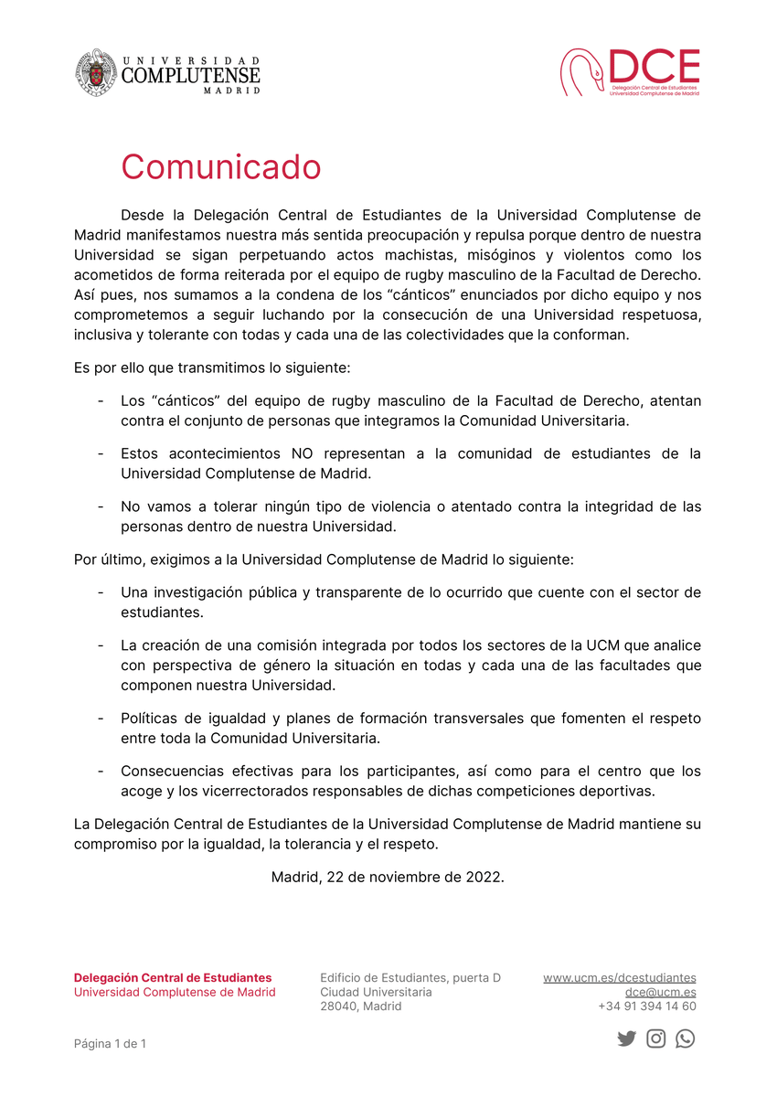 DCE_UCM's tweet photo. Desde la DCE manifestamos nuestra preocupación y repulsa porque dentro de nuestra Universidad se sigan perpetuando actos machistas, misóginos y violentos como los acometidos de forma reiterada por el equipo masculino de rugby de la Facultad de Derecho. https://t.co/VP6P69ug5T