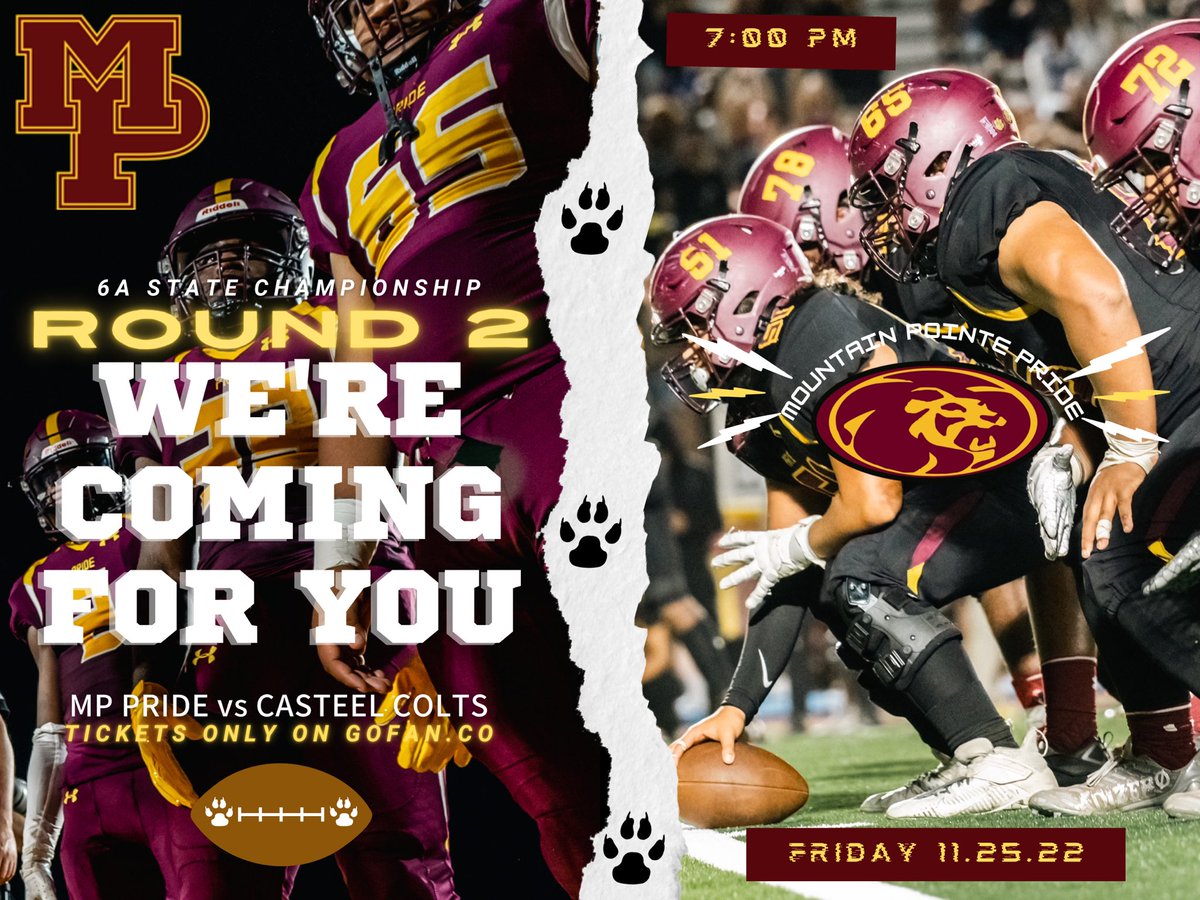 MPHS_FBBoosters's tweet photo. 🦁LET’S GO PRIDE🦁

2022 AIA 6A State Playoffs 
🔸ROUND 2🔸
#8 Mountain Pointe vs. #1 Casteel

Tickets available now on https://t.co/1z1up3X5wF 

#ETC #NewEra #ROLLPR1DE https://t.co/DSfDO9SJKs