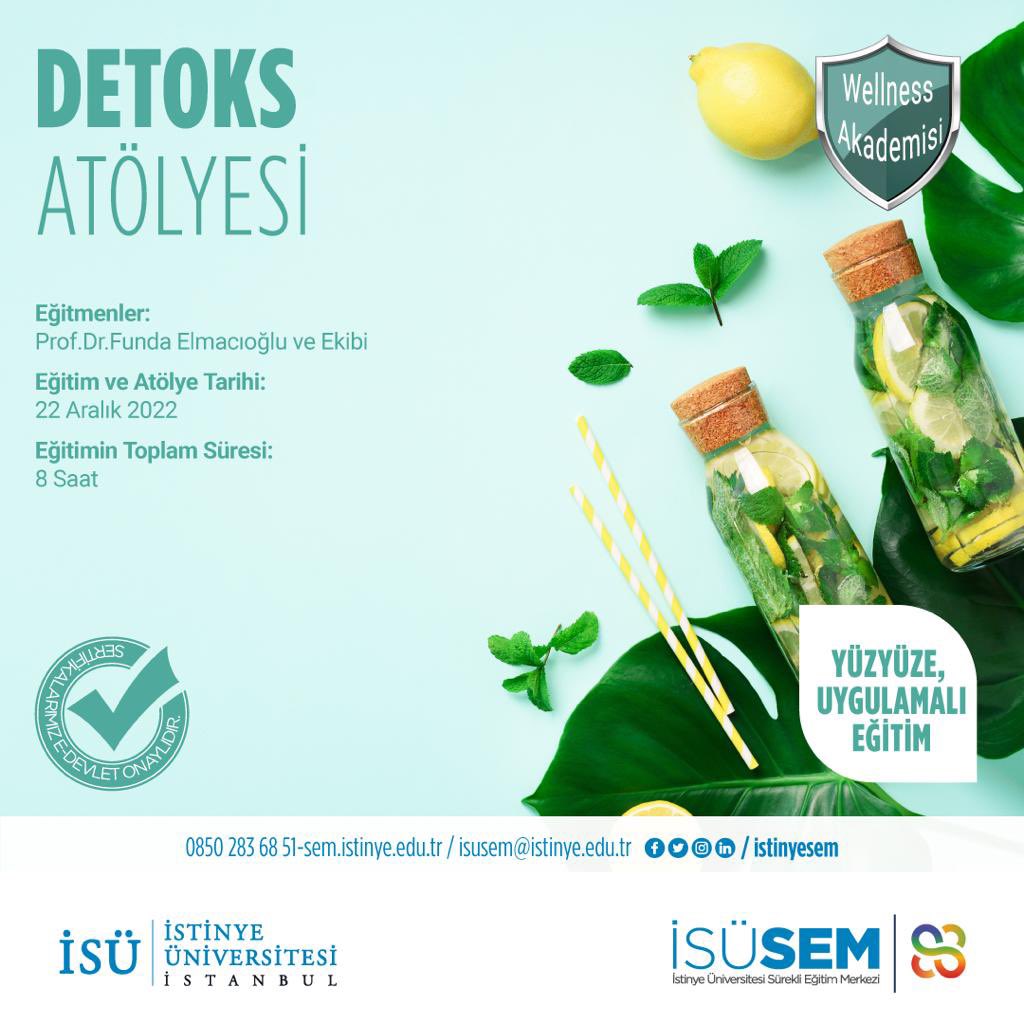 istinyesem's tweet photo. SEM Wellness Akademisi bünyesinde gerçekleştirilecek olan Detoks Atölyesi 22 Aralık’ta Topkapı Kampüsümüzde Prof.Dr.Funda Elmacıoğlu liderliğinde uygulamalı olarak gerçekleştirilecektir. Kayıt olmak için lütfen;

🌍https://t.co/BGtTv44Hs5
📧isusem@istinye.edu.tr
☎️0850 283 6851 https://t.co/zjV0UVF9yH