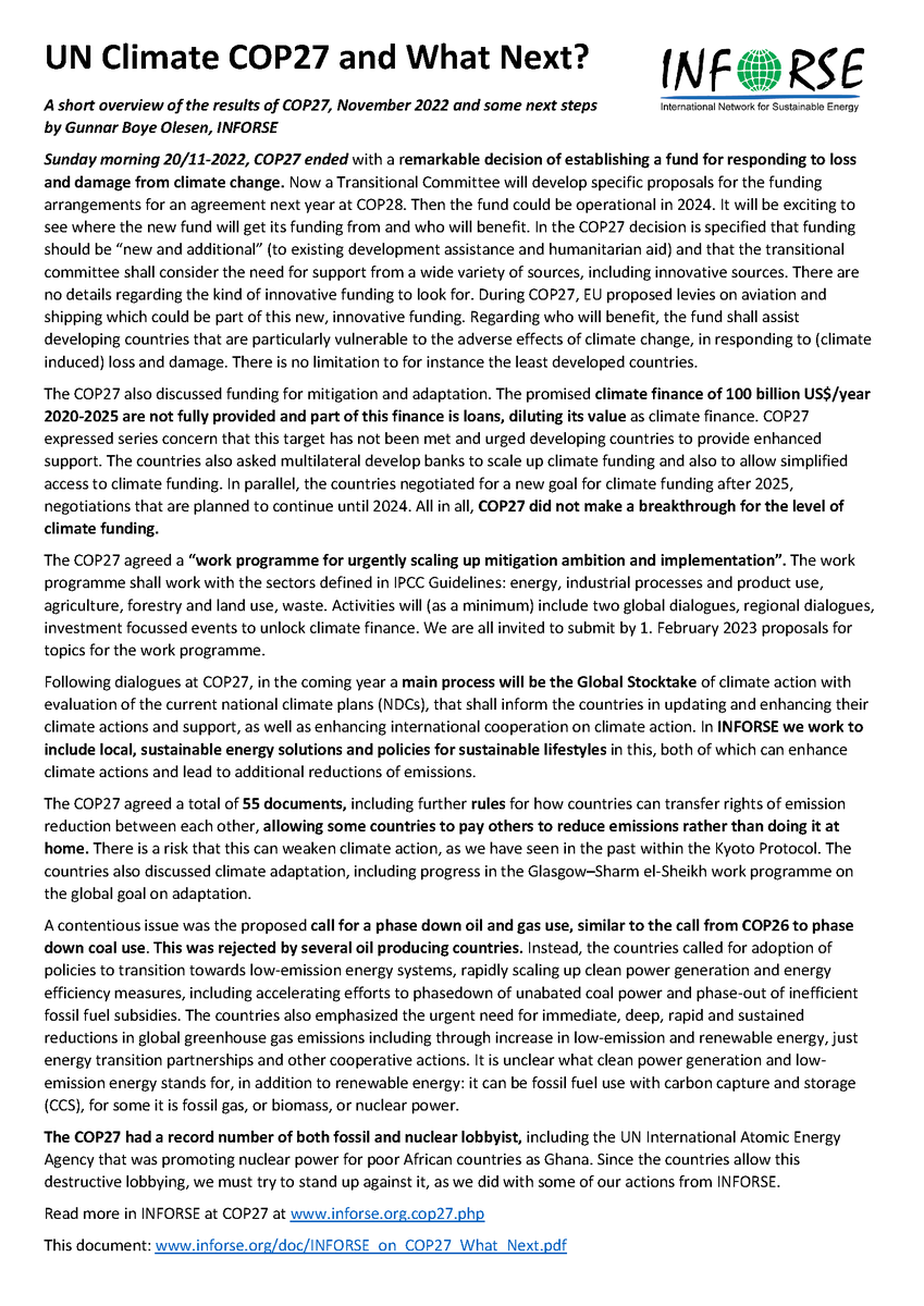 INFORSE_org's tweet photo. 👀COP27 & What Next? (+) Loss & Damage Fund. (-) NO breakthrough in climate finance; NO call for phasedown oilandgas We need to push: local solutions into Global Stocktake, stop fossil & nuclear lobbists. READ 👉: https://t.co/7iVkfTYap4 #renewables @dontnuke #stopfossils https://t.co/SHVbaOlCKJ