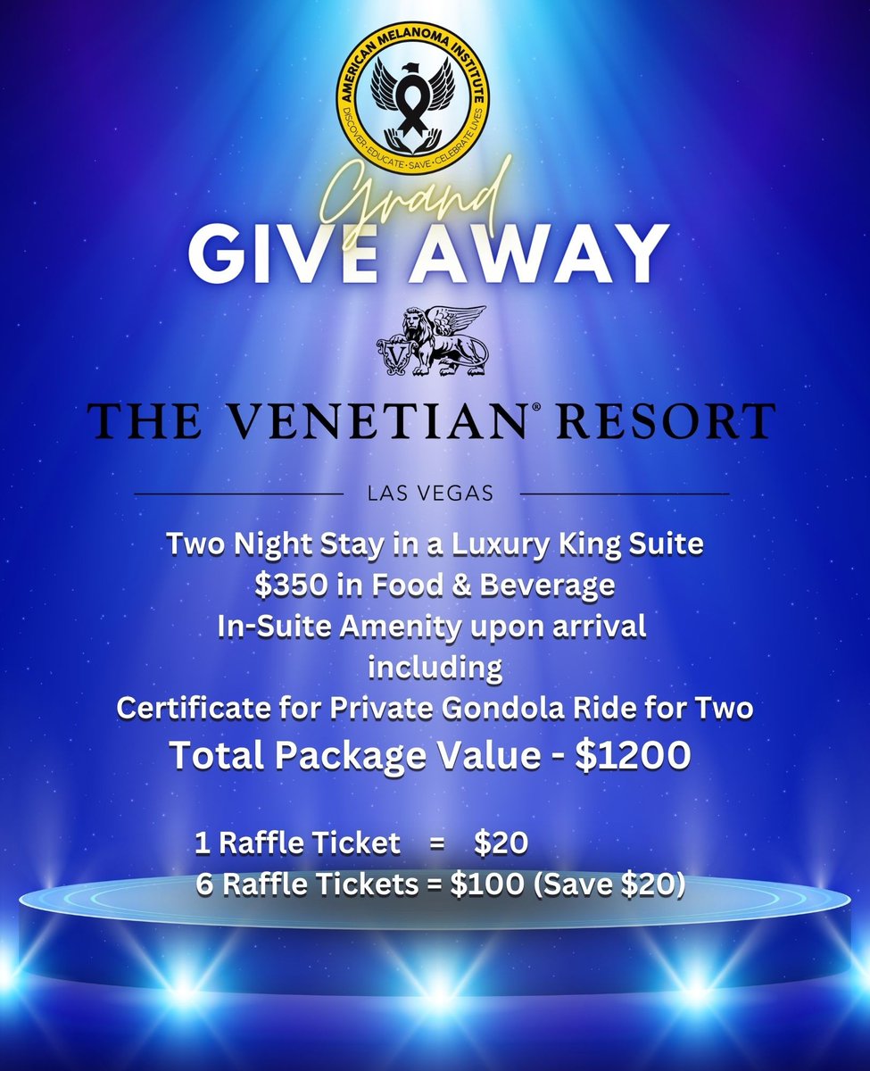 Join us for the opportunity to win a 2-night stay generously offered by our sponsor <a href="/VenetianVegas/">The Venetian Resort Las Vegas</a> Event details ow.ly/qKRW50LL8jO 

#skincancer #melanoma #charity #Walk #run #parade #medicalpersonnel #AMI  #give #savelives #educate #research  #wow #raffle #giveaway