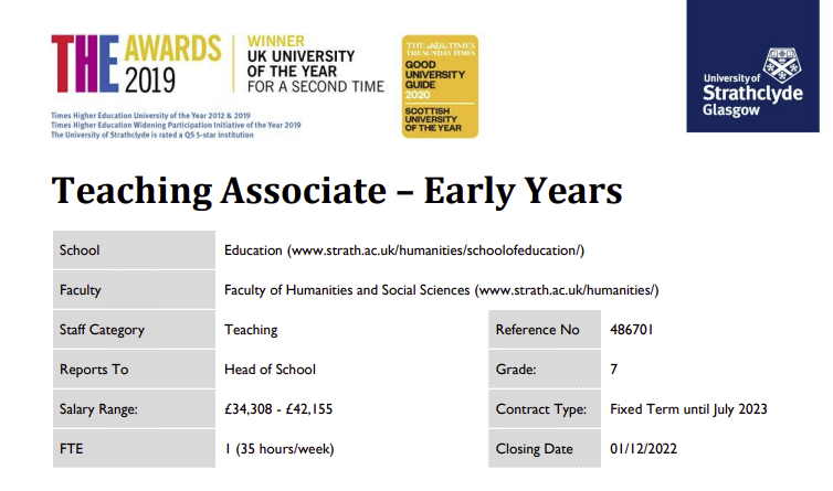 StrathEDU's tweet photo. Come work with us!
Teaching Associate in Early Years
Closing date 1st Dec 2022
For further details and to apply โถ๏ธhttps://t.co/l74YTkYTpw https://t.co/FYYrATJbny
