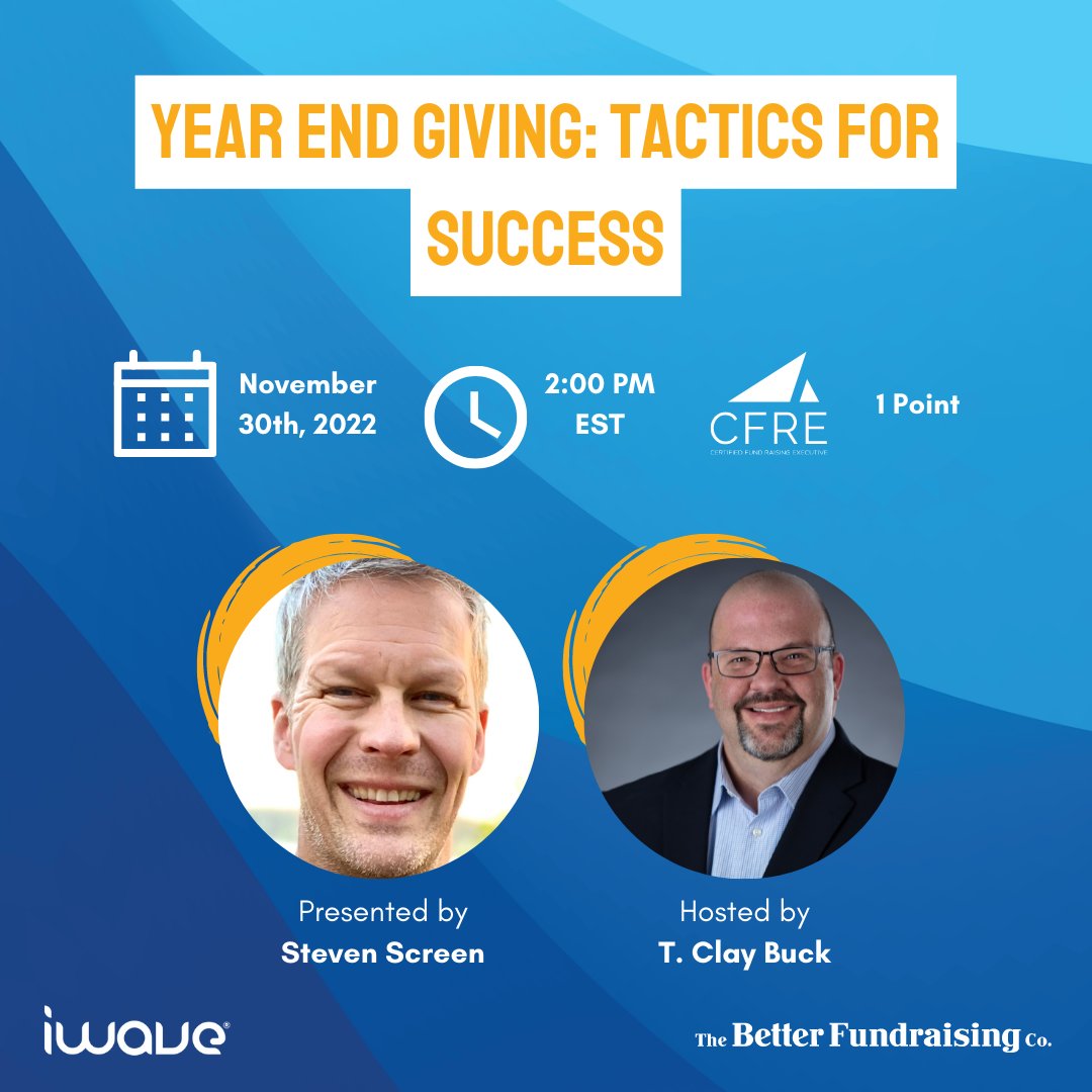 iWavePRO's tweet photo. Upcoming webinar 📣

Join Steven Screen (The Better Fundraising Company) as he shares lessons from his 29 year-end fundraising campaigns. 

Bonus: This session is eligible for 1 CFRE point 🏆

Save your spot here: https://t.co/5JeBU0GQSB

#YearEnd #GivingDays #GivingTuesday https://t.co/sOJz1hnTRf
