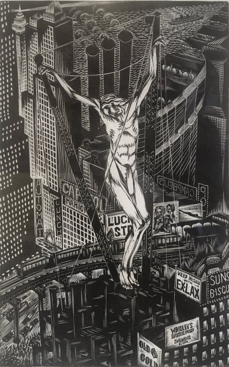 botts_jeremy's tweet photo. Three profound crucifixions in our art collection. 1. My colleague David Hooker’s vacuum dust encrusted corpus, a Sadao Watanabe detail, and Isaac Friedlander’s urban reimagination from 1930. #watanabe #friedlander #woodcut @WheatonCollege https://t.co/JCvbRU2GFx