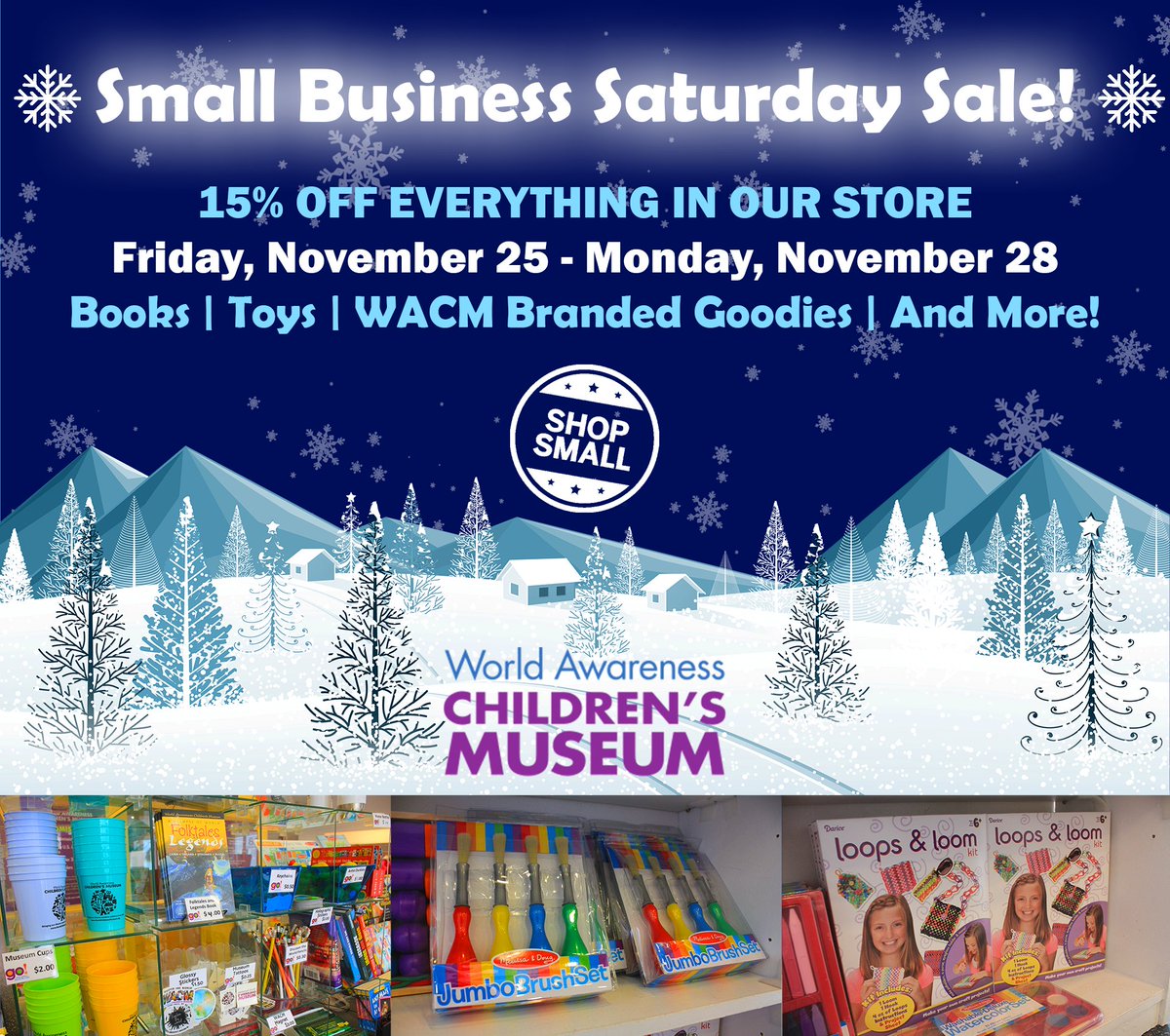 Shop at the museum this weekend for all of your holiday needs! We will be offering 𝟭𝟱% 𝗼𝗳𝗳 𝗲𝘃𝗲𝗿𝘆𝘁𝗵𝗶𝗻𝗴 in our store, Friday, Nov. 25 - Monday, Nov. 28. We have a wide assortment of toys, books, WACM-branded goodies, and more for everyone on your shopping list!