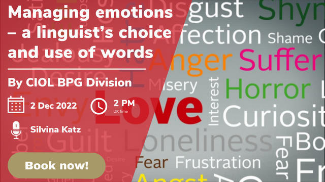 CIOL_Linguists's tweet photo. Emotional language is powerful, so it can be challenging to navigate. Through their #words in another #language, how can #linguists ensure that they transfer the ‘right level’ of meaning? Explore this and more by joining the @CIOLBusiness #onlineevent: https://t.co/K1QPStTWNF https://t.co/ryjFjO06nA