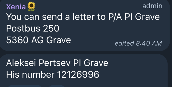 #FreeAlexPertsev 
You can send a letter to P/A PI Grave 
Postbus 250 
5360 AG Grave

Aleksei Pertsev PI Grave
His number 12126996

@Free__Alexey