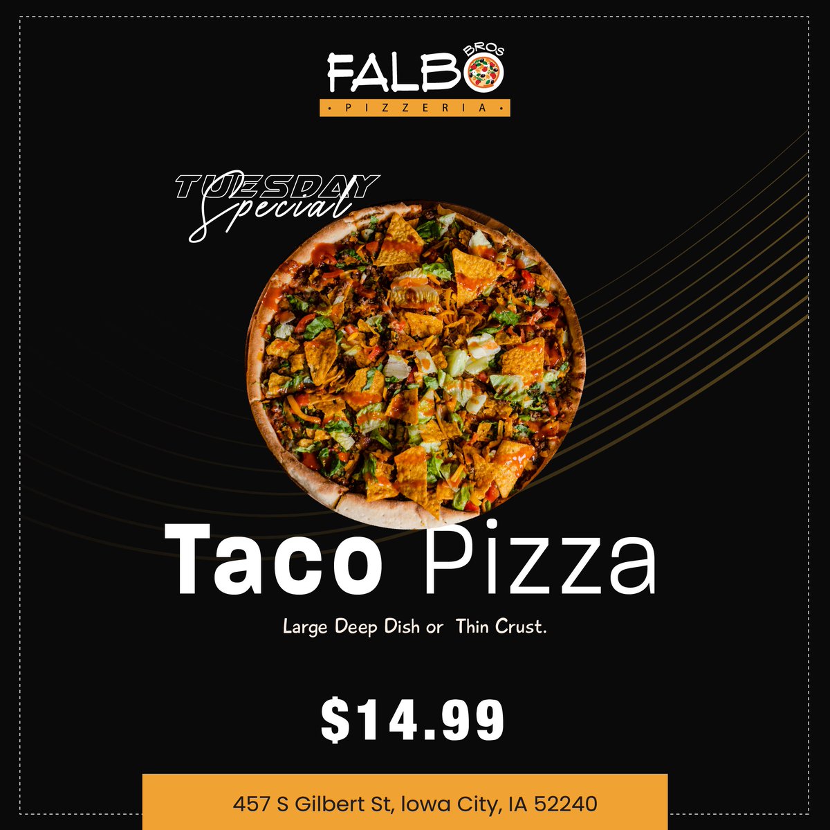realFalbosIC's tweet photo. Taco Pizza on Tuesdays! Whether you like a large deep dish or thin crust, you can always get a treat at the best rate. Welcome to Falbo Brothers Pizzeria.
https://t.co/gpB0camUkt

#TuesdaySpecial #Pizza #Taco #TacoPizza #Iowacity #DeepDish #ThinCrust https://t.co/v36MM1qbjM