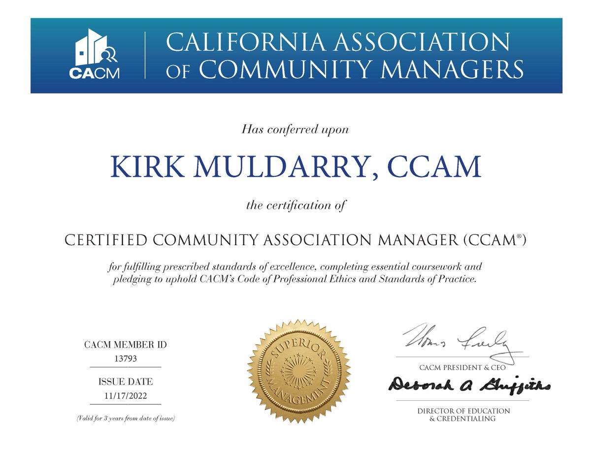 CACMchat's tweet photo. Please join #CACM in congratulating Kirk Muldarry, CCAM, on completing the requirements to become a Certified Community Association Manager in the state of California. Way to go, Kirk!
#CCAM #professionalmanager #HOA #communitymanagement #CaliforniaCertified #CACMStrong https://t.co/RghbnsVALI