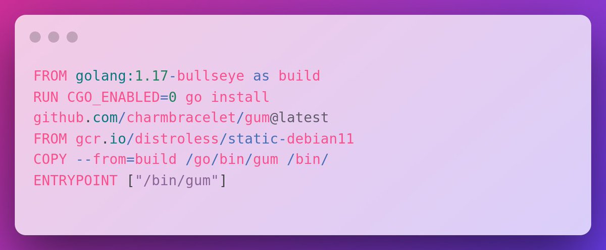 LarsGersmann's tweet image. Pretty amazed how easy it is today to create tiny Docker images using distroless base images : 

Take gum, a tool to create awesome looking shell scripts : 

github.com/lgersman/pnpm-…

The resulting image is less than 30 MB - without any extra effort 😍

#gum #docker #distroless