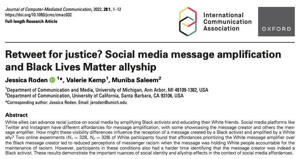 📢 new paper! We look at the social media affordances for message amplification that highlight either the message creator or amplifier, and how these design choices influence allyship message effects