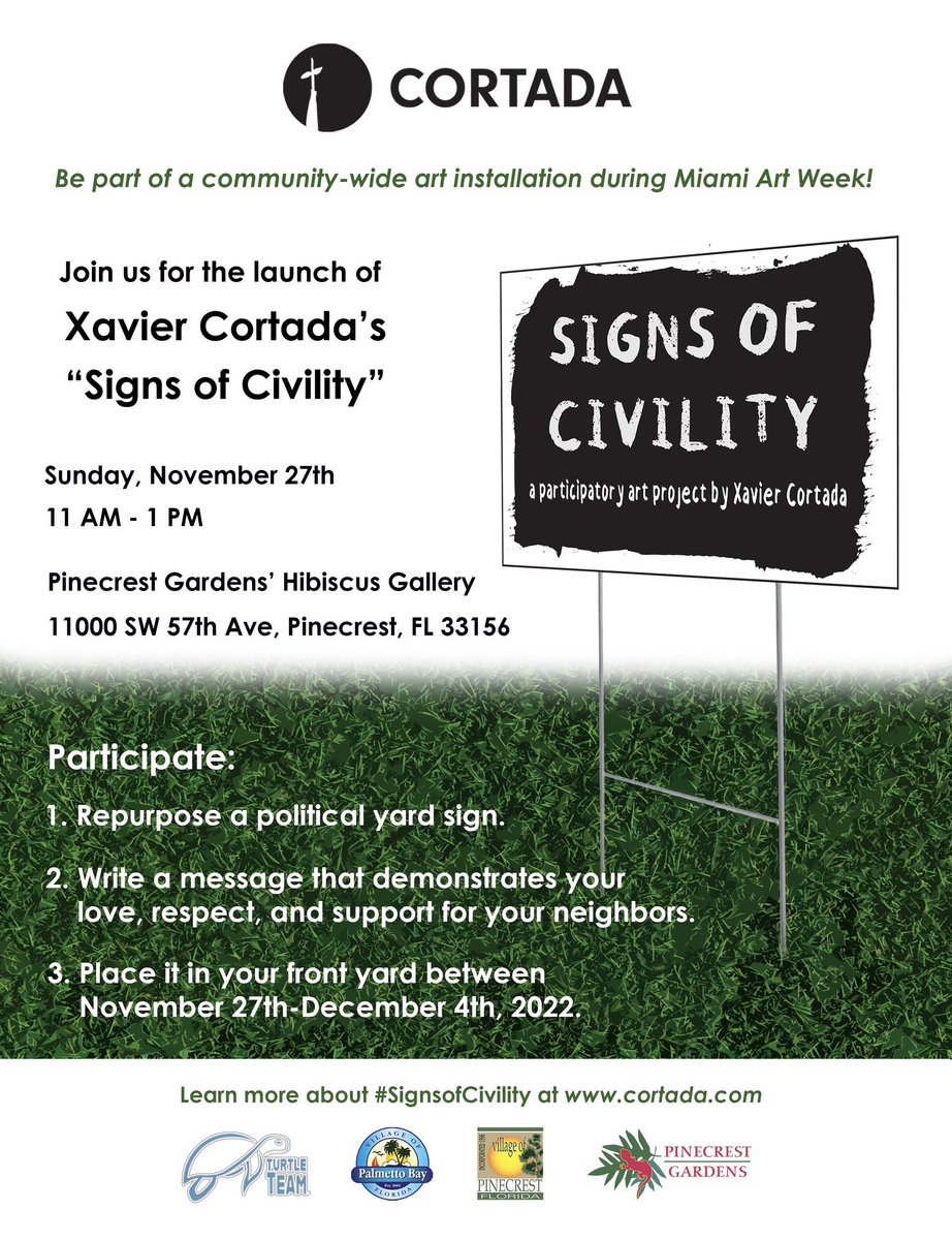 “Signs of Civility” is aimed at restoring our sense of community, fellowship and love for one another.

Come participate in the project during “Art &amp; Mimosas” at Pinecrest Gardens’ Hibiscus Gallery at 11 a.m. on Sunday, November 27.

#SignsOfCivility.