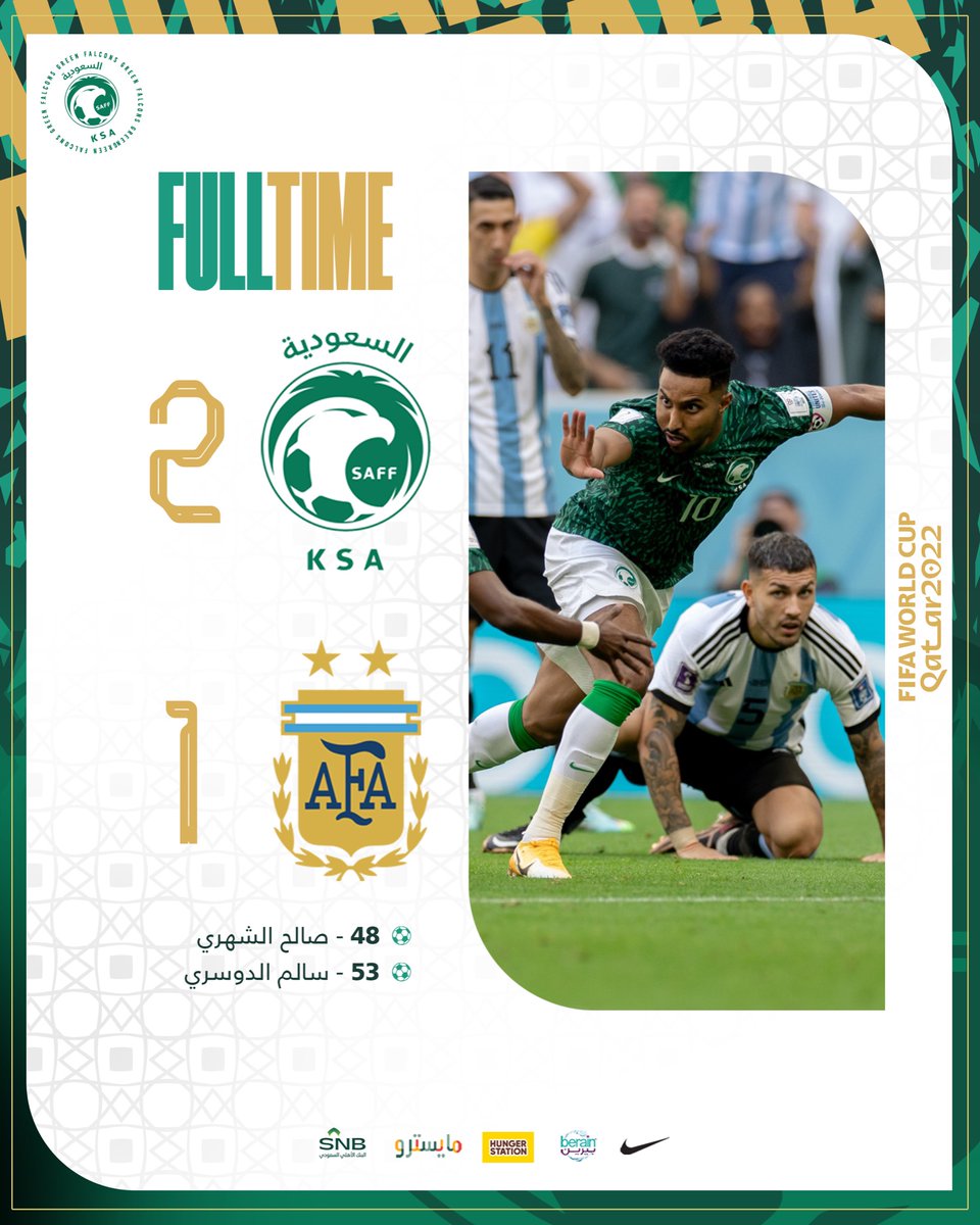 نهاية المباراة | 
🇸🇦 السعودية 2 - 1 الأرجنتين 🇦🇷
المباراة الأولى ✅
شكرًا يا صقورنا 🦅.. ومبروك للوطـــن 🇸🇦
#السعوديه_الارجنتين #أخضرنا_قبل_الكل
#السعوية_الارجنتين #كاس_العالم_FIFA #نبي_الستر #كأس_العالم_قطر_2022 #الرياضية_السعودية