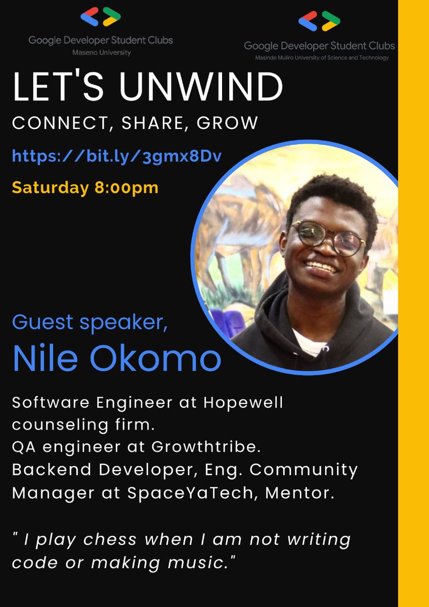 MmustGDGoC's tweet photo. This week on Let's Unwind, we'll be having @beingnile
Apart from being one of the founders and community manager @SpaceYaTech, Nile will be sharing how he started his tech journey to where he is currently 😊
https://t.co/7ztghYYhj0 https://t.co/1bO8xa6PQS