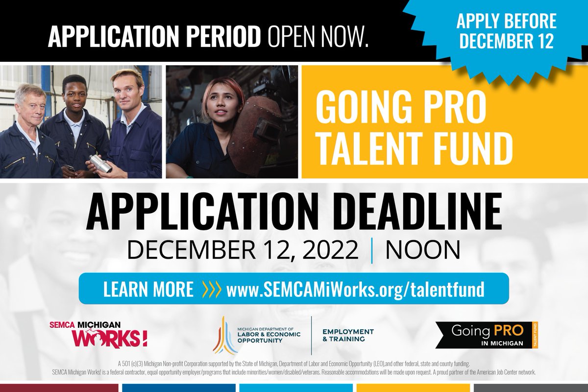 Applications for the Going PRO Talent Fund awards are open until noon on Dec 12. If you’ve applied before, you’ll be pleased to see a simpler, streamlined application that allows you to view your score and make adjustments.

Learn more ⤵️
SEMCAMiWorks.org/talentfund 

#talendfund
