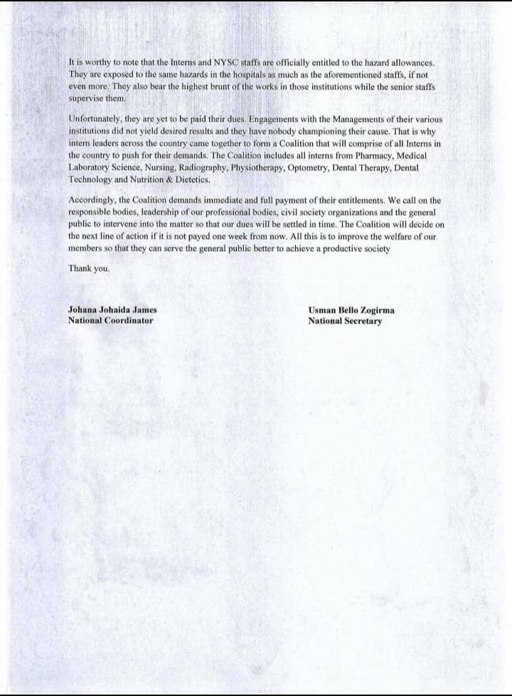 We the National Coalition of Health Interns (NCHI) call on all the relevant authorities to look into our plight and pay us our #hazardallowance arrears as we are part and parcel of the health delivery system in Nigeria
#PayInternsHazardAllowance #PayInternsHazardAllowance