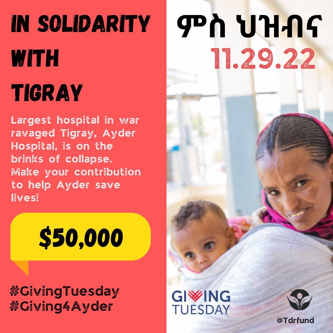 I'm kinda late for this campaign, but it's never too late to join <a href="/TdrFund/">Tigray Disaster Relief FUND - TDRF</a>’s campaign to raise $50K &amp; help Ayder Hospital.

Tuesday is occasionally my favorite day &amp; it seems like the best day to pitch in some $$$ and challenge y'all to do the same.😉
👉🏾 donorbox.org/giving4ayder