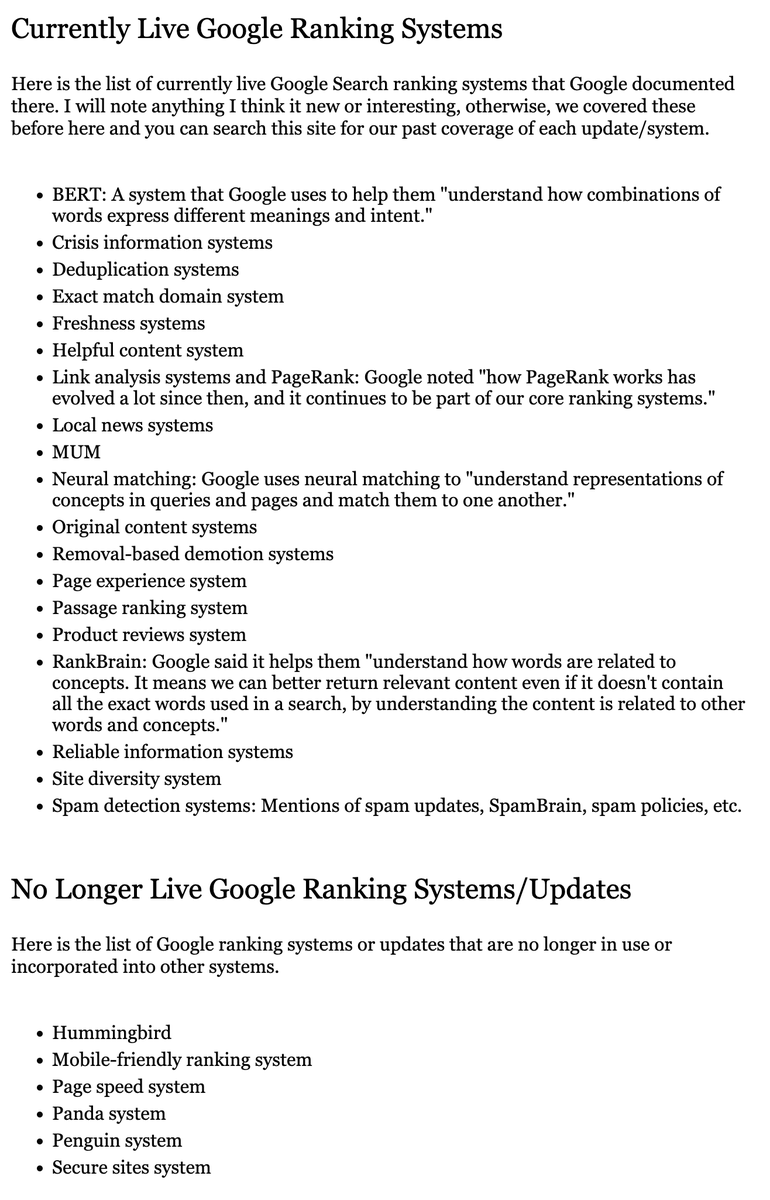 For SEO geeks, this list of current/depreciated Google Ranking "Systems"—by <a href="/searchliaison/">Google SearchLiaison</a> &amp; summarized by <a href="/rustybrick/">Barry Schwartz</a>—is VERY useful

In audits + blog posts, you can sound smarter by talking about the correct system

MUM, BERT > Hummingbird
Page Experience > Page Speed
Etc., Etc