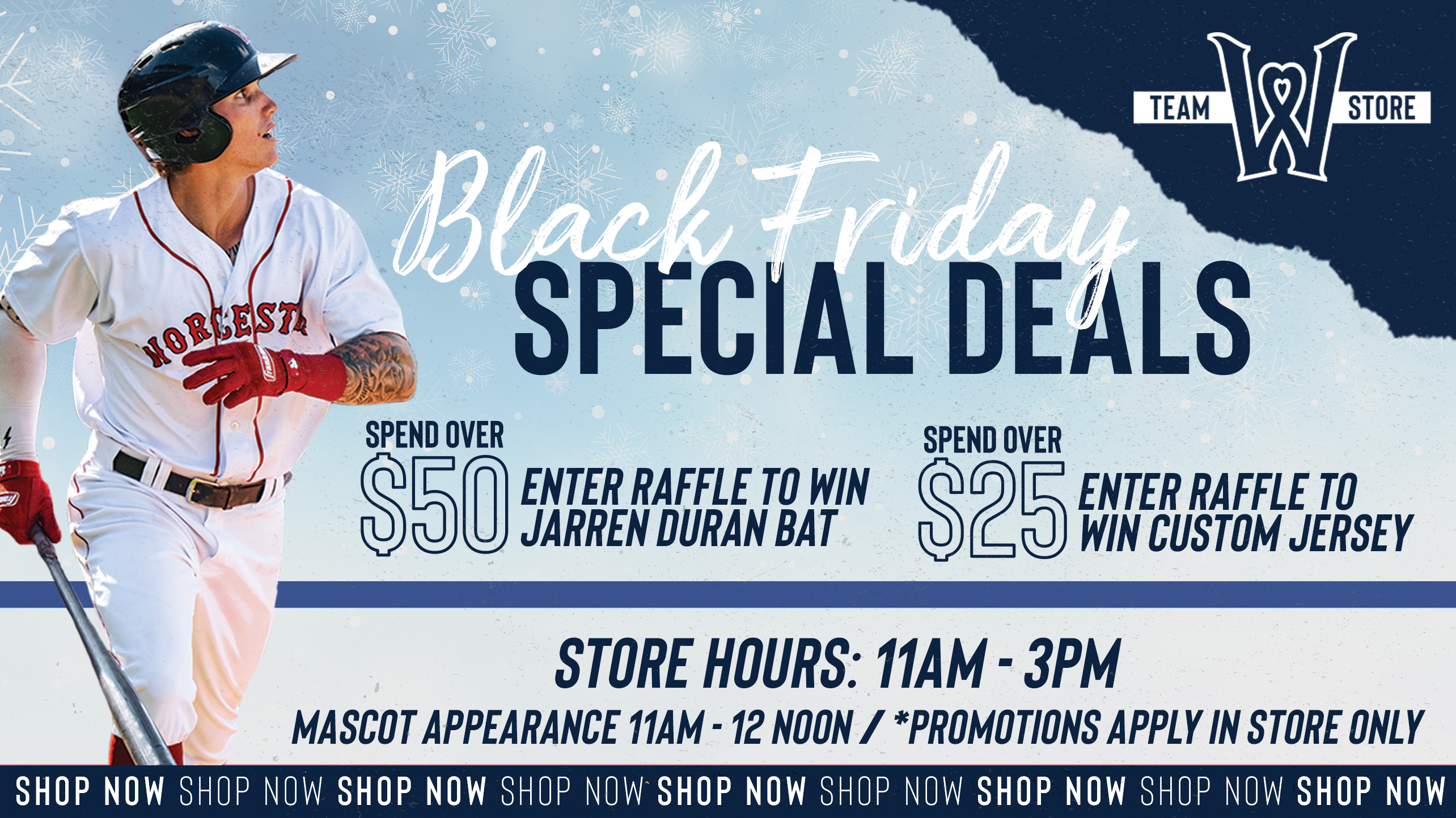 Worcester Red Sox on X: We're bringing the deals this Black Friday! 👀  Spend over $50 for the chance to win a Jarren Duran bat, or spend over $25  for a chance