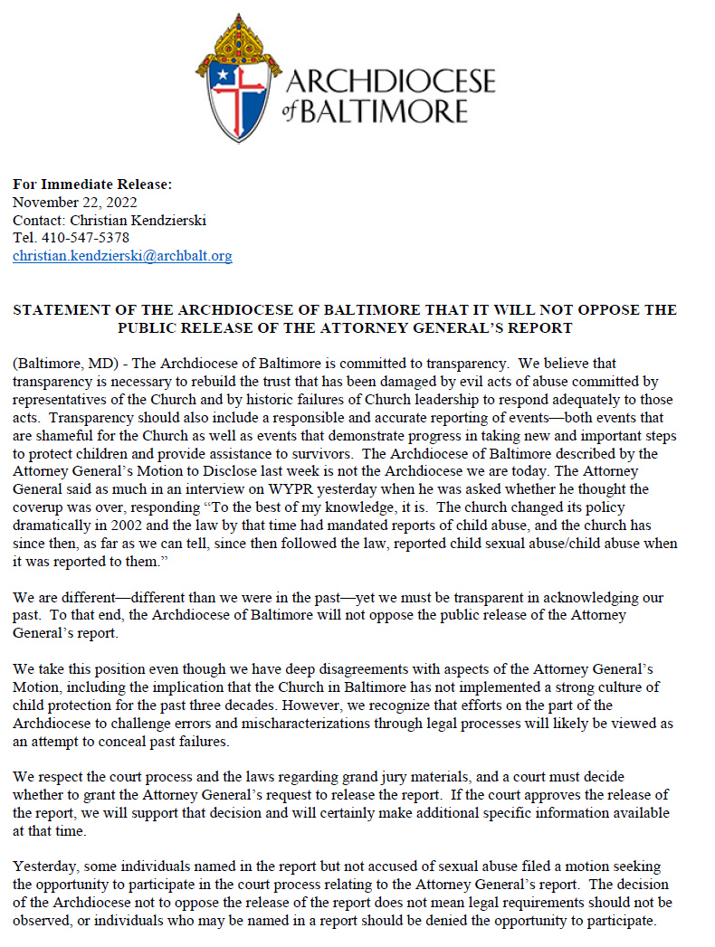 _TimSwift_'s tweet image. BREAKING: The Archdiocese of Baltimore said Tuesday that it would not oppose the release of a wide-ranging Maryland Attorney General&apos;s Office&apos;s report on child sexual abuse dating back decades.