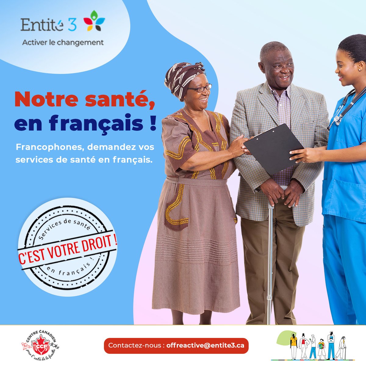 Entite3sante's tweet photo. Notre santé en français!
Francophone, demandez votre service de santé en français pour nos mères, nos sœurs, filles, épouses, amies, etc.
Plus d'informations, visitez notre site web https://t.co/49oes9fhn3
#ontariofrancais #grandtoronto @CAHdepuis40ans @collegeboreal @FrancoFete https://t.co/9OuBbFJSSx
