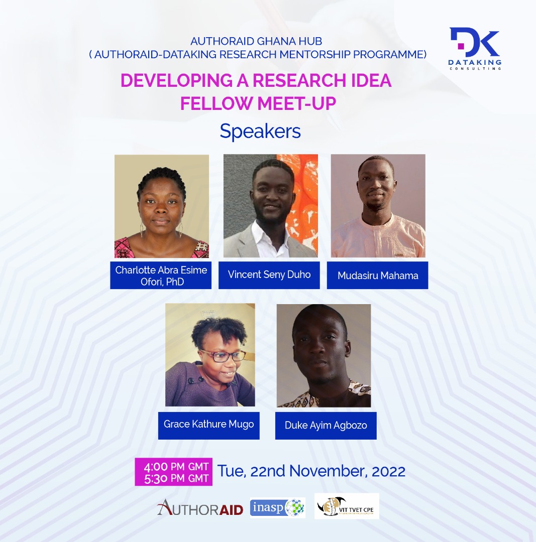 Dataking_Global's tweet photo. We are so grateful to our speakers for illuminating us on developing research ideas. Special appreciation to @authoraid, @INASPinfo and @vitcpe for your enormous support.
#AuthorAIDGhanaHub #AuthorAID #INASP #DatakingResearchLab #DatakingConsulting. https://t.co/3PjV6gVaWe